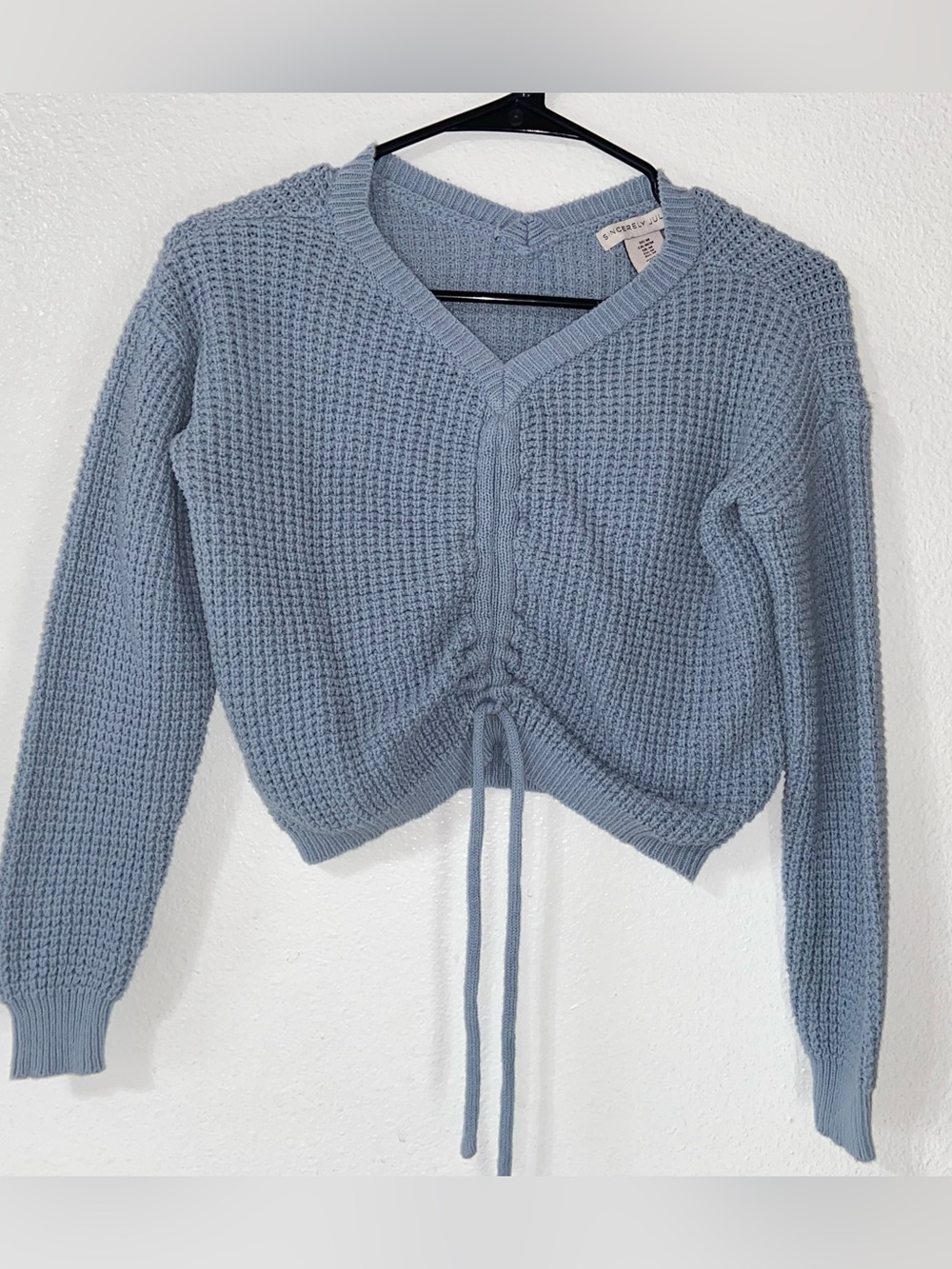 Y2K / Chic - Sincerely Jules Powder Blue V-Neck Waffle Knit Drawstring Sweater